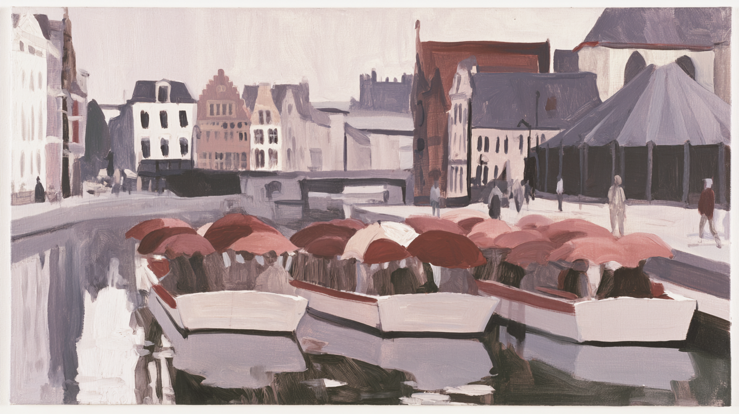 Oil-painting-style view of small boats with red parasols on a canal in Ghent during a hot summer day.