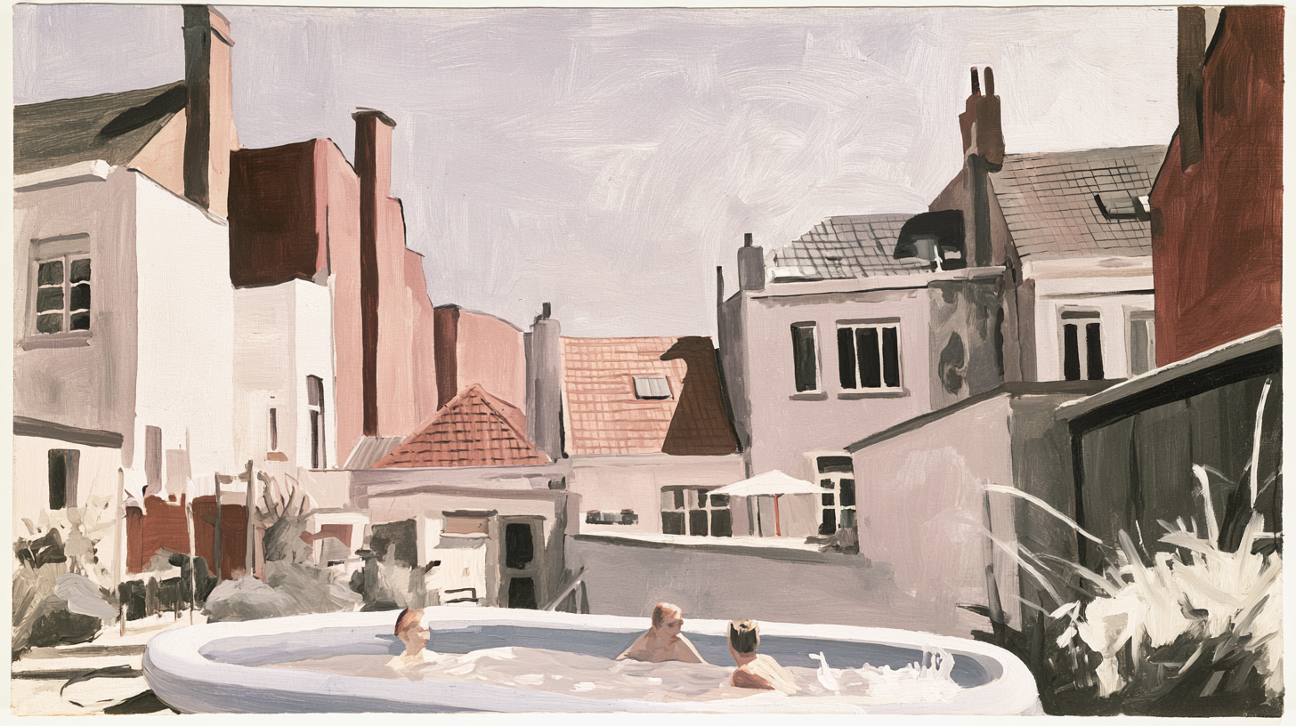 Oil-painting-style rooftop scene of children cooling off in an inflatable pool among the houses of Ghent.