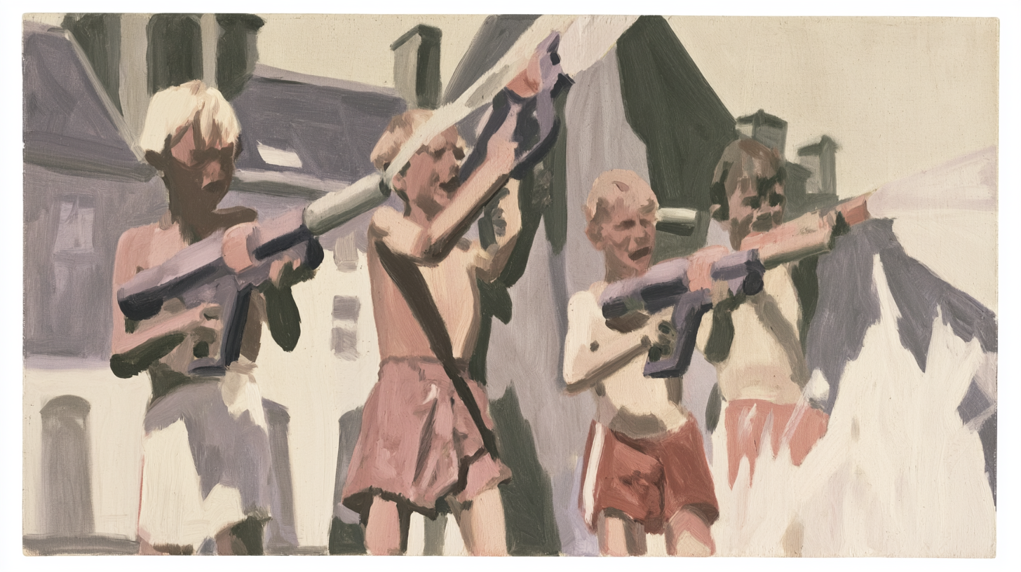 Oil-painting-style scene of children having a water-gun fight on a hot summer day in Ghent.