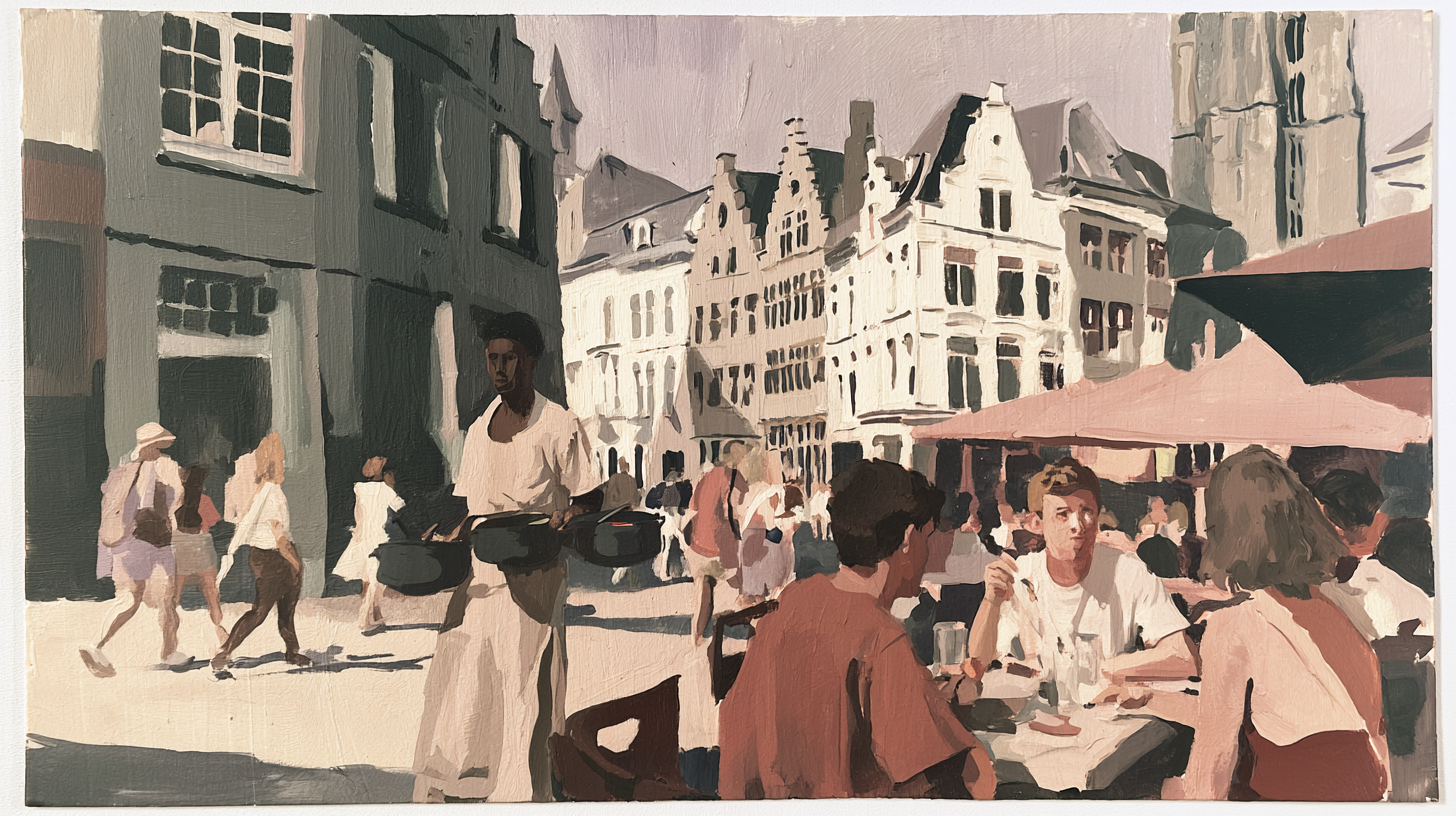 Oil-painting-style summer terrace in central Ghent, with diners, a waiter and historic façades.