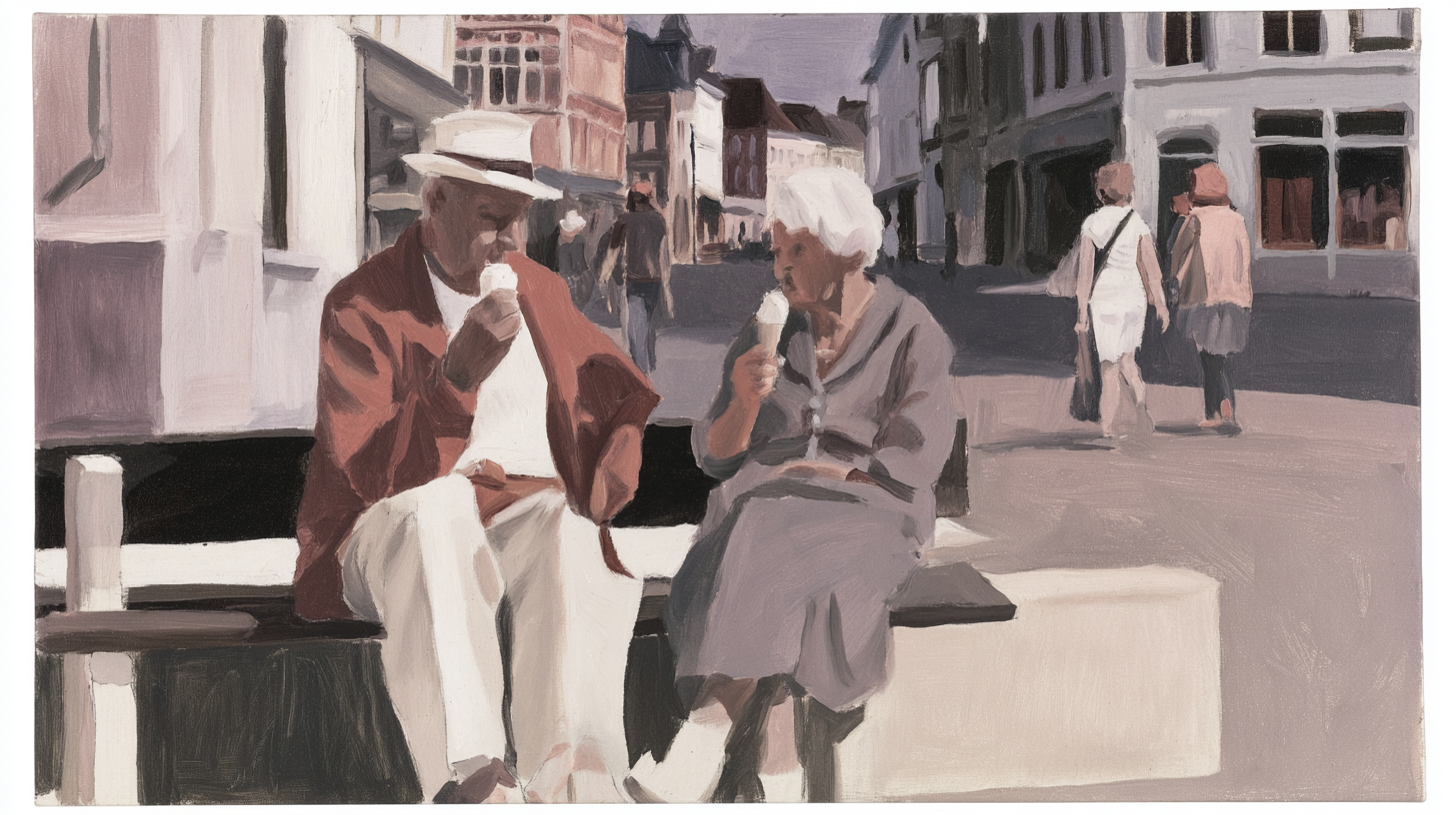 Oil-painting-style scene of an older couple eating ice cream on a bench in central Ghent.