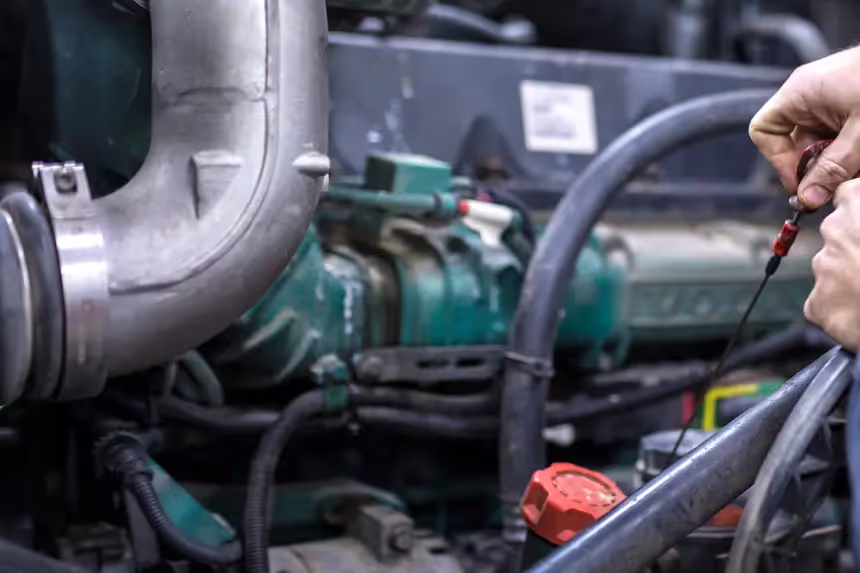 Diesel mechanic performing preventive maintenance service on semi truck in Edmonton, Alberta