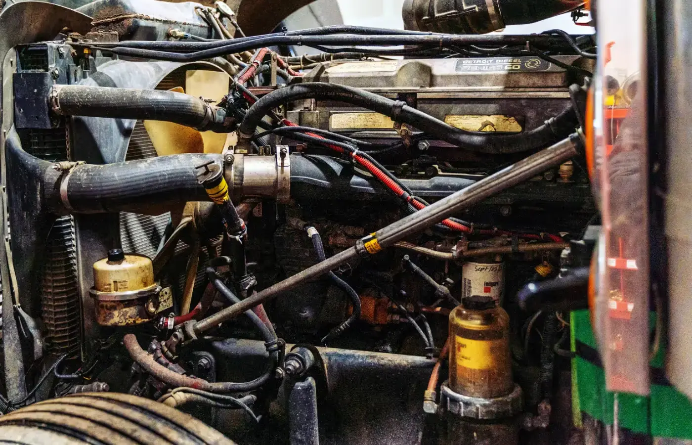 Diesel mechanic performing coolant system repair on commercial truck in Edmonton, AB