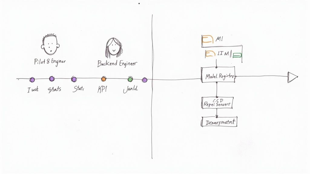 An architecture diagram showing a CI/CD pipeline for machine learning models, with clear labels for each stage like 'Code Commit', 'Build & Test', 'Deploy', and 'Monitor'.