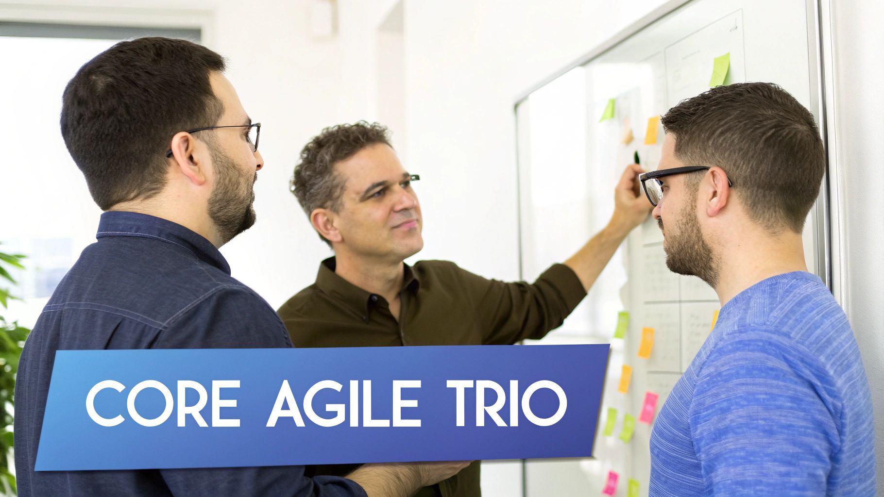 Three professionals, representing the Product Owner, Scrum Master, and Development Team, standing together and collaborating in a modern office.