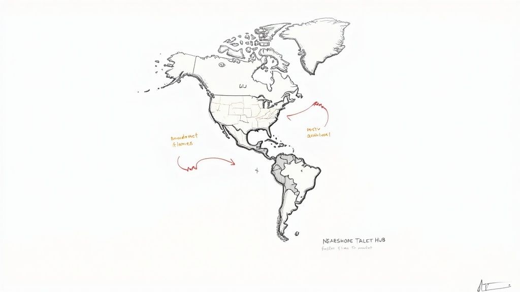 A team of software developers collaborating in a modern office, representing a nearshore talent hub.