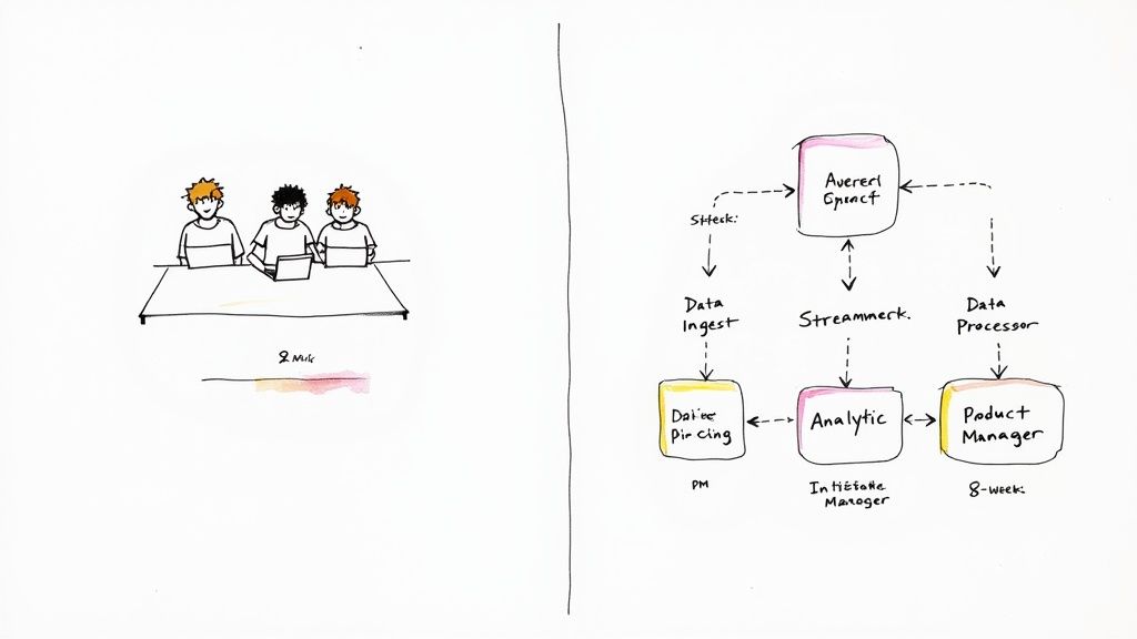 An architecture diagram showing a nearshore data engineering team integrating with an in-house product team to build a real-time analytics pipeline.