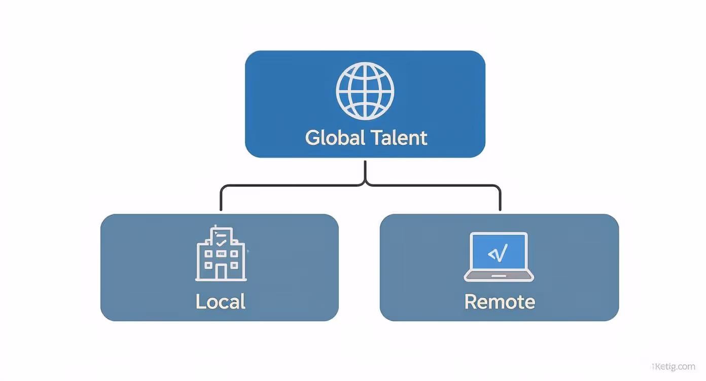 Infographic showing that a global talent pool provides access to both local and remote engineers.