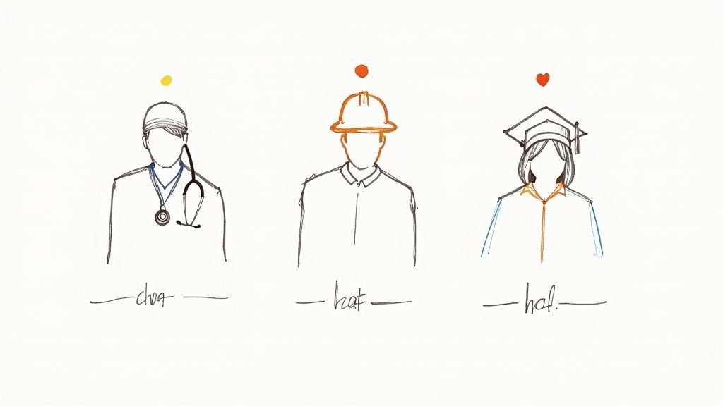 A visual representation of an AI assuming different professional roles like a doctor, an engineer, and a teacher, illustrating the concept of Role-Based Prompting.