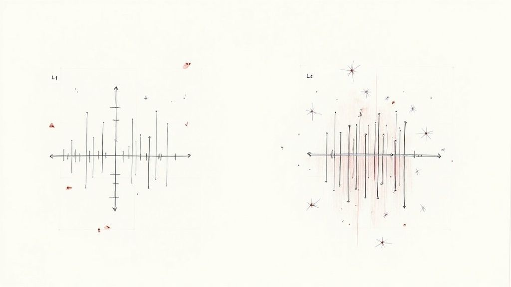 A diagram comparing L1 and L2 regularization, showing how L1 (Lasso) regularization encourages sparsity by pushing some feature weights to exactly zero, while L2 (Ridge) regularization shrinks all weights towards zero but rarely makes them exactly zero.