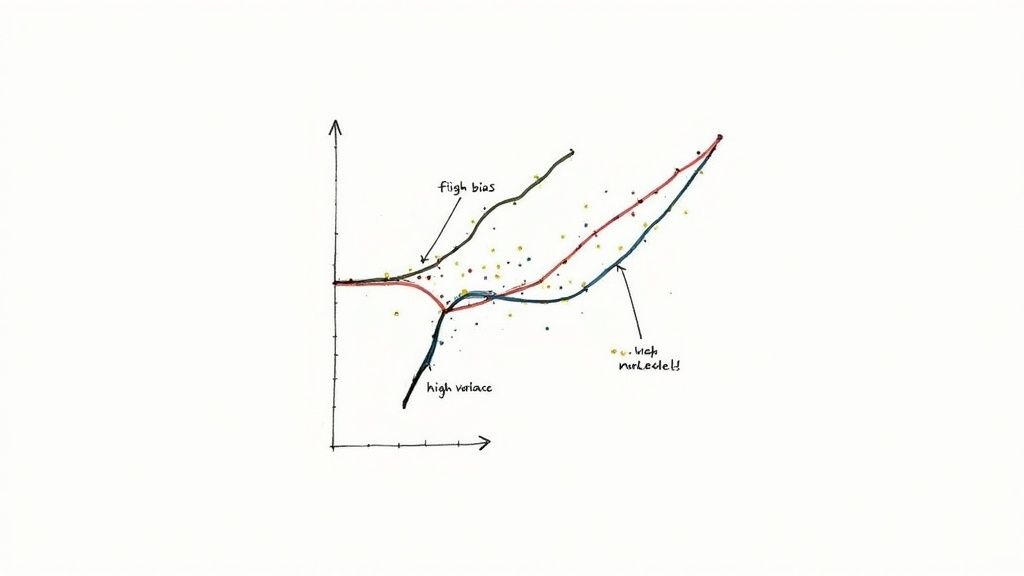 A diagram illustrating the concepts of high bias and low variance versus low bias and high variance using a target analogy. A high bias, low variance model has shots clustered together but far from the bullseye. A low bias, high variance model has shots scattered widely around the bullseye. A low bias, low variance model has shots tightly clustered on the bullseye.