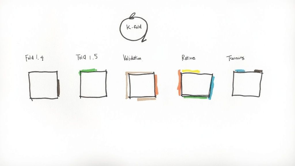 A diagram illustrating the k-fold cross-validation process. The data is split into k folds. In each iteration, one fold is used for testing and the remaining k-1 folds are used for training.
