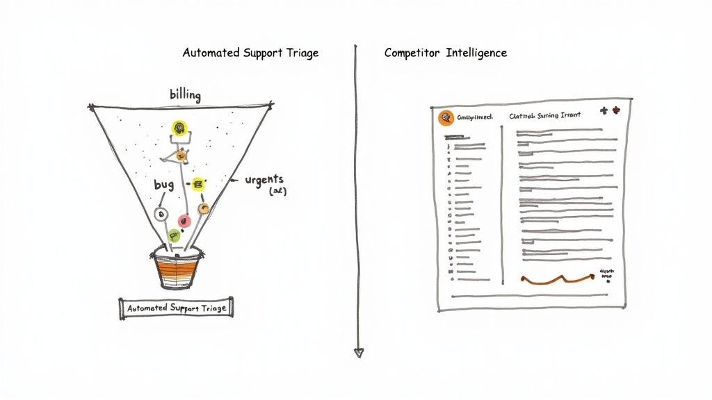 An architecture diagram showing how NLP is used to triage customer support tickets automatically.
