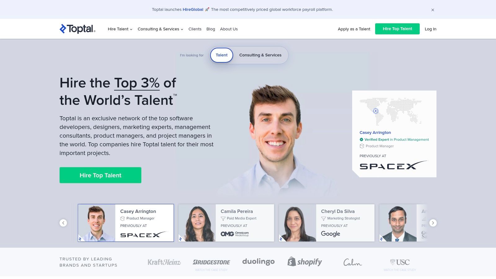 Toptal's homepage featuring a headline about hiring the top 3% of freelance talent and a call-to-action button.