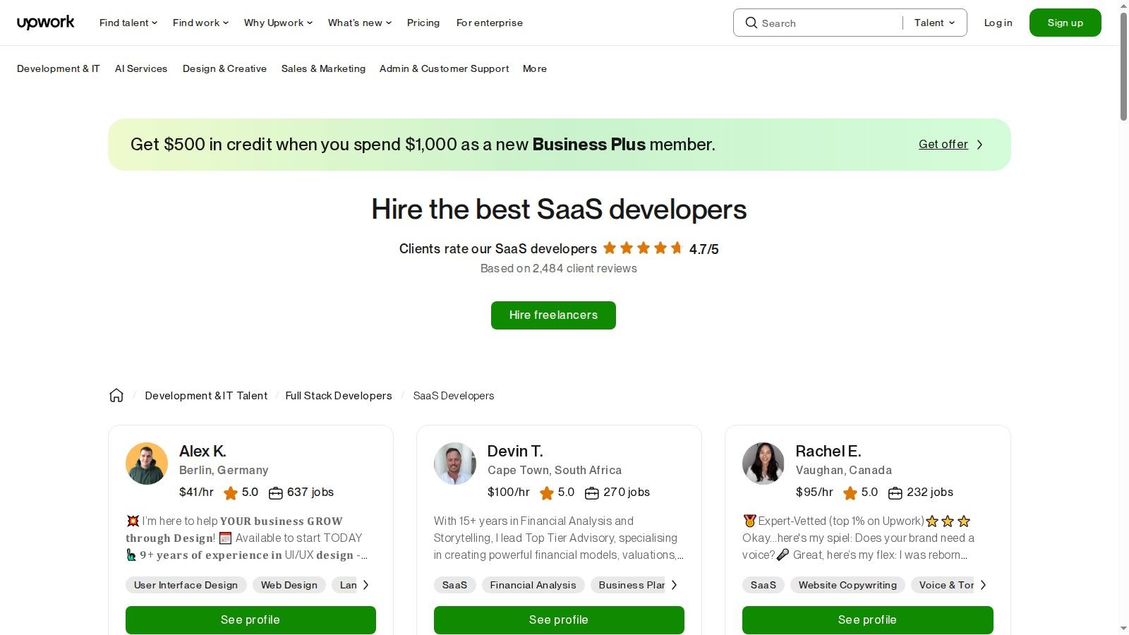 Upwork interface showing profiles of SaaS freelancers with their job success scores, hourly rates, and skills.