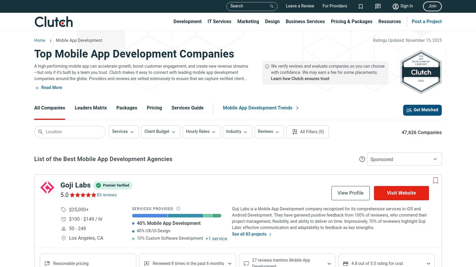 A screenshot of the Clutch.co website, showing a search bar and a list of B2B service categories like Advertising & Marketing and Web & Software Development, highlighting its function as a directory.