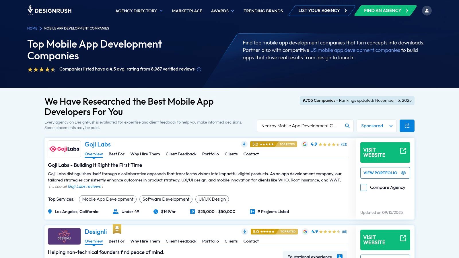 A screenshot of the DesignRush website, showing a curated list of top mobile app development companies with logos, ratings, and key details, illustrating its directory and ranking function.