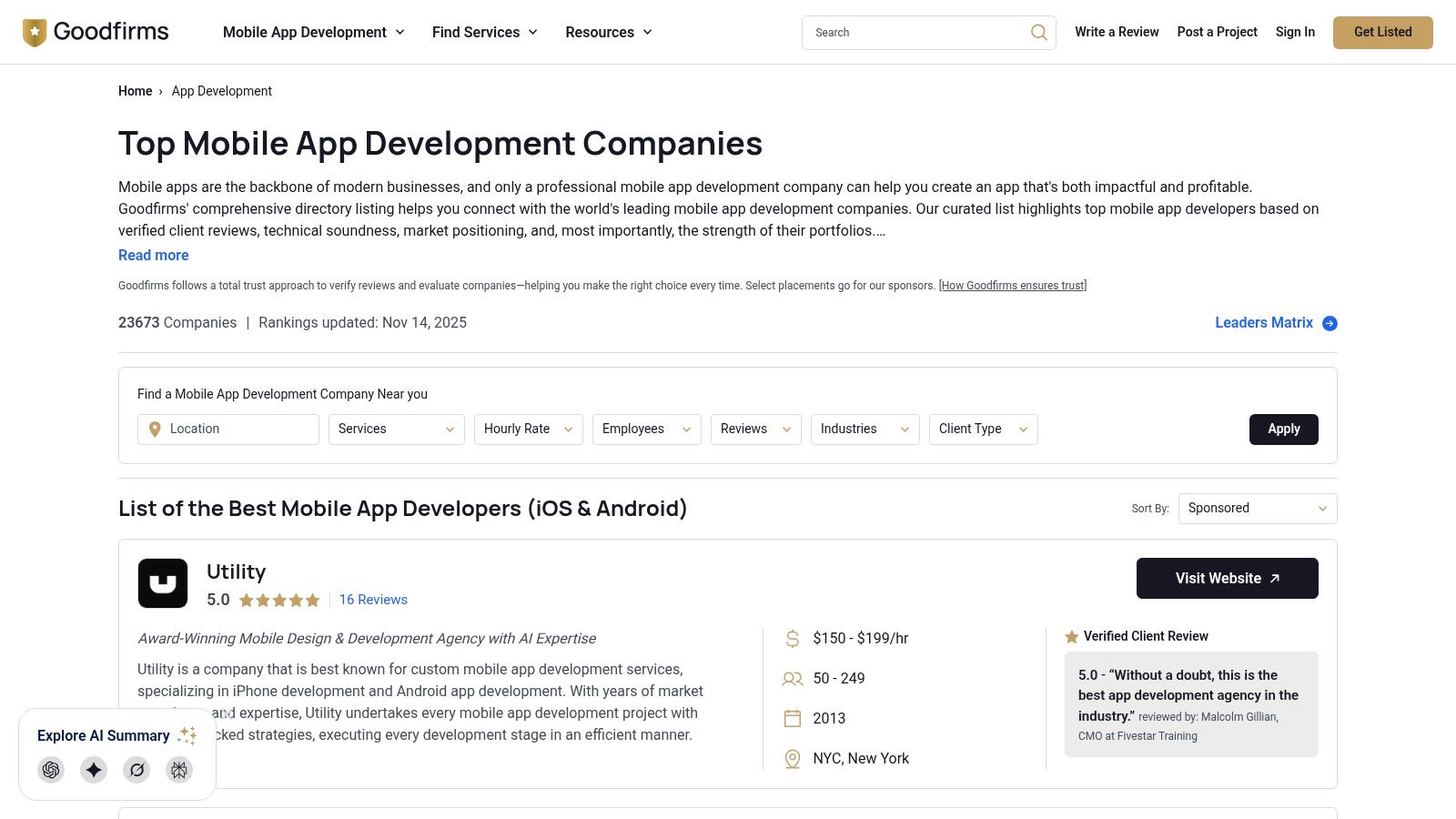 A screenshot of the GoodFirms website homepage, featuring a search bar for finding software and services, alongside categories like 'Find Services' and 'Find Software', showcasing its directory function.