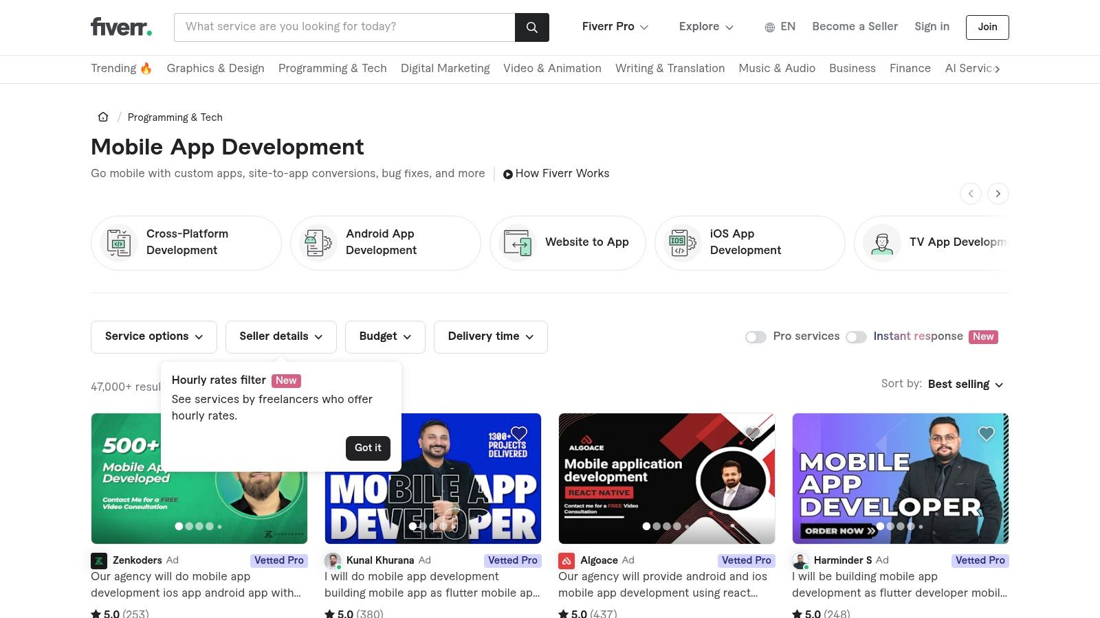A screenshot of the Fiverr website, showcasing its marketplace model with various 'Gigs' available for mobile app development, highlighting categories like Programming & Tech and specific services offered.