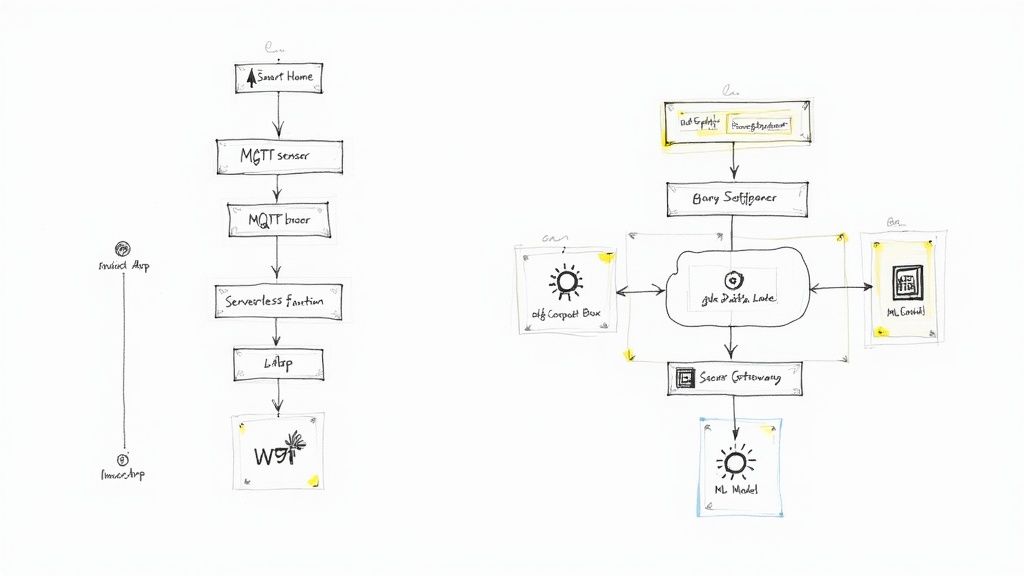 Annotated diagram showing a lean architecture for a smart home system. It illustrates data flowing from low-power sensors via MQTT to a cloud broker, triggering serverless functions for processing and sending push notifications to a mobile app.