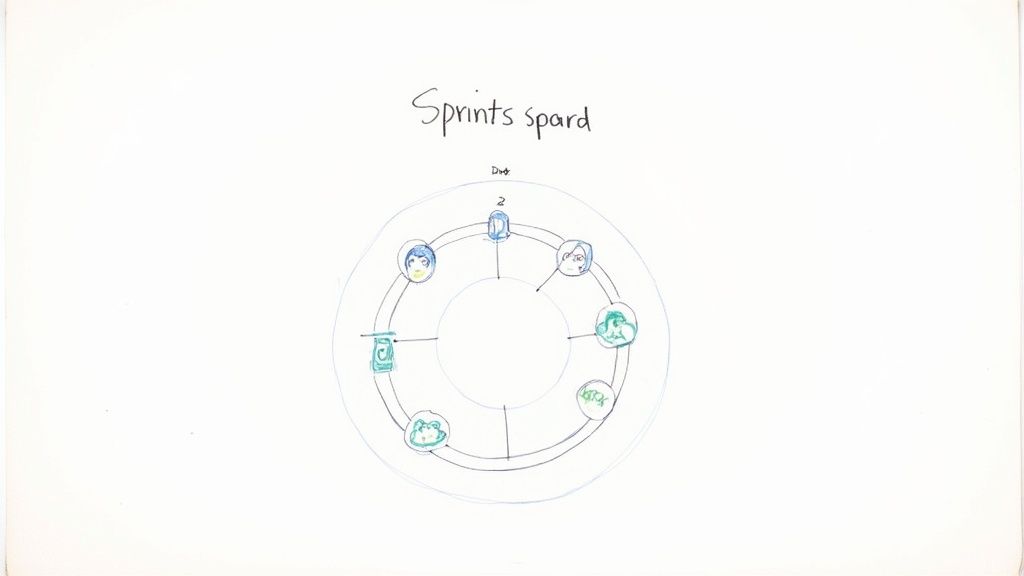 Hand-drawn diagram showing sprints board with team members arranged in circular workflow pattern