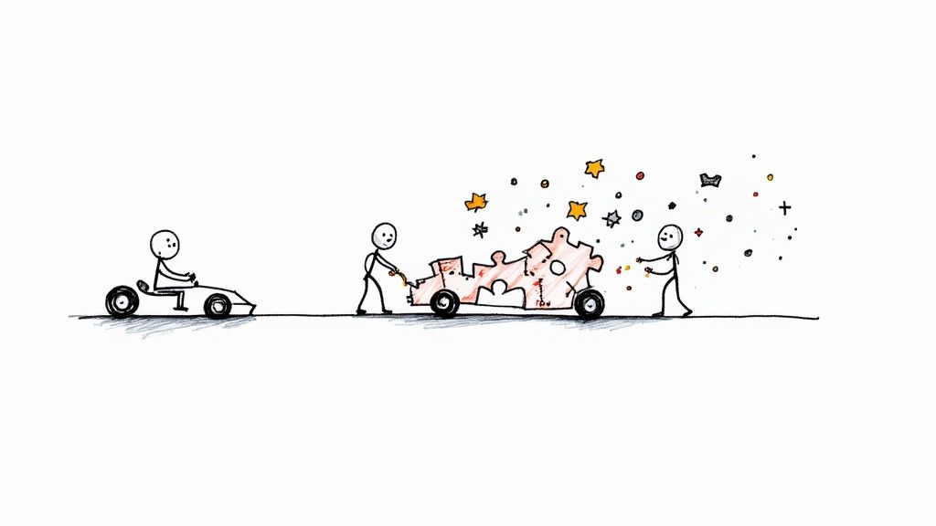 Stick figures collaborating to build and push puzzle-piece vehicle with creative sparks flying