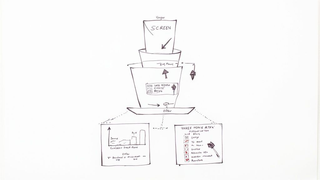 Hand-drawn funnel diagram illustrating a process flow with screening, offers, and evaluation metrics.