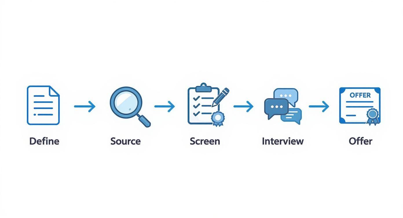 A visual diagram illustrating the five-step hiring process: Define, Source, Screen, Interview, Offer.
