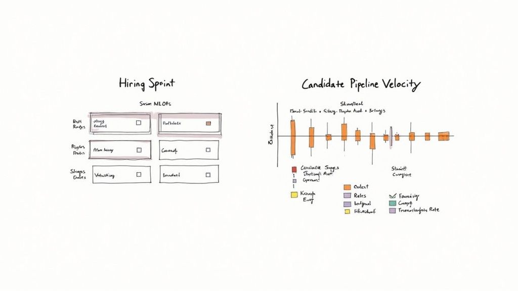Hand-drawn diagrams illustrating a hiring sprint board and candidate pipeline velocity chart.