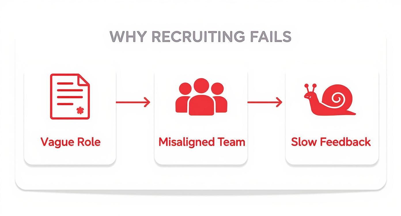A diagram outlining reasons for recruitment failure: vague role, misaligned team, and slow feedback.
