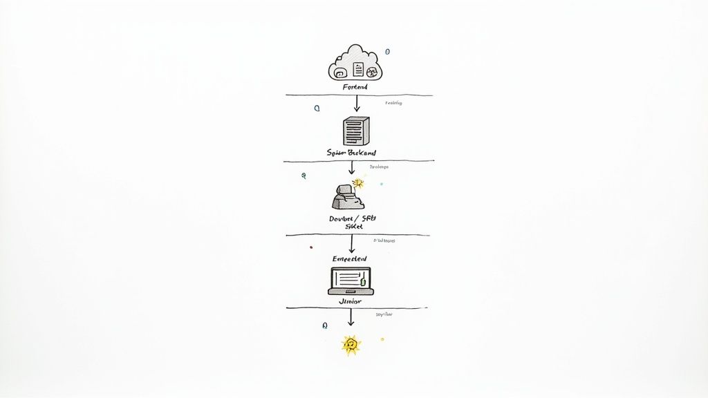 A hand-drawn diagram illustrating a software engineering workflow from frontend to junior level.