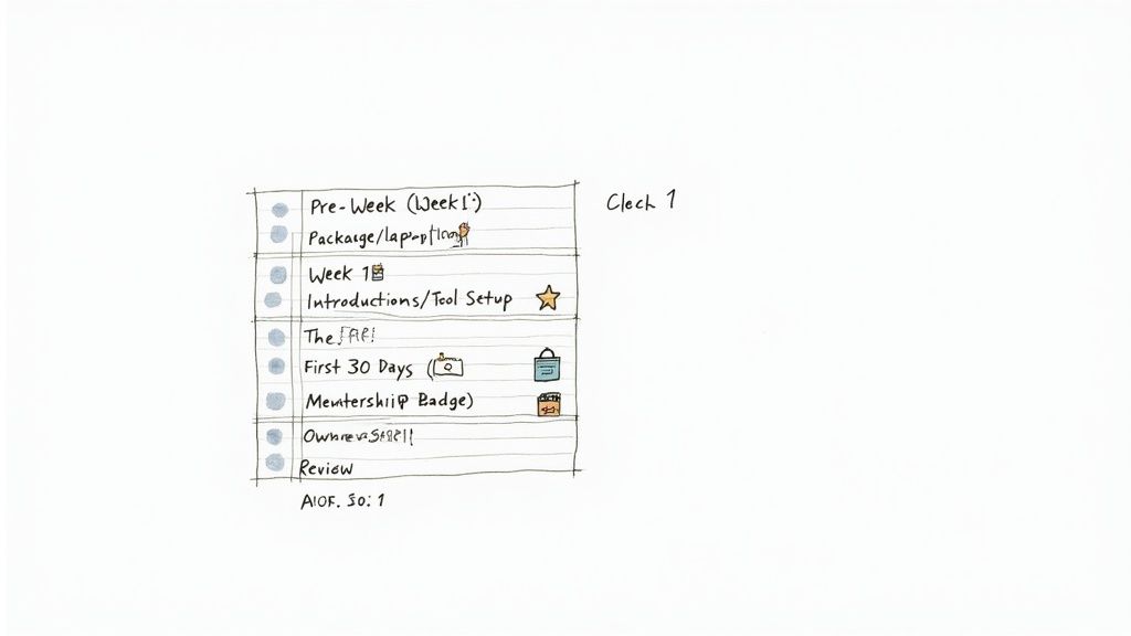 A detailed handwritten checklist outlines tasks for pre-week, tool setup, first 30 days, and review.