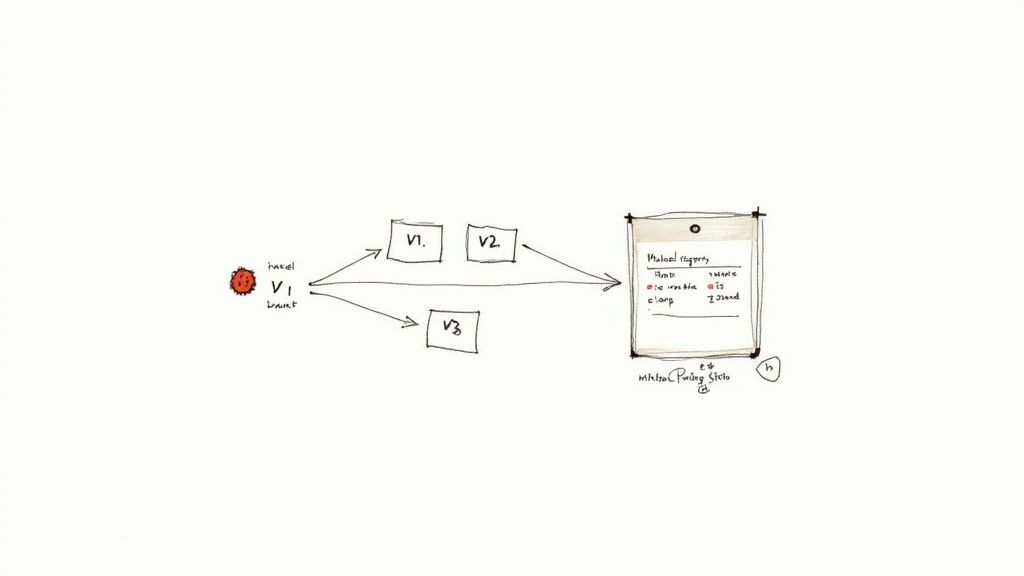 A diagram illustrating version control for MLOps, showing code, data, and model versions (V1, V2, V3) feeding into a central model registry for tracking and rollback.