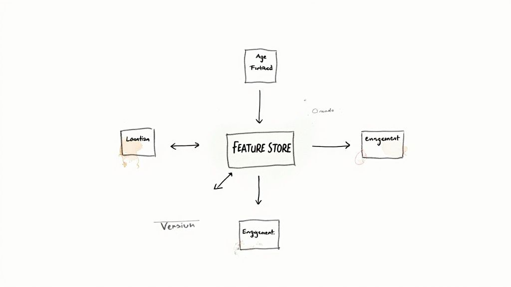 A hand-drawn diagram illustrates a 'Feature Store' connected to 'Location,' 'Age Furthered,' and 'Engagement.'