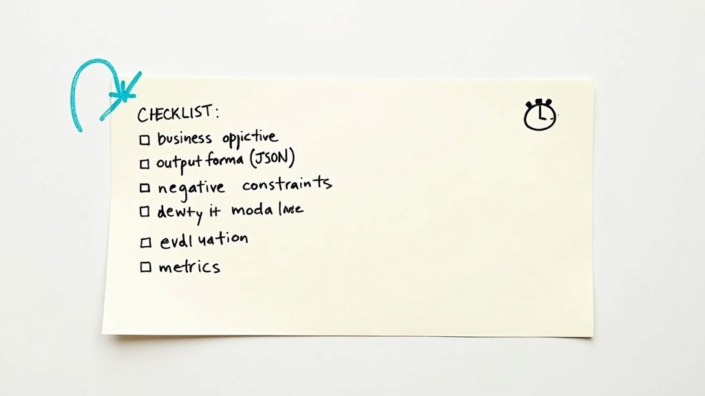 A handwritten checklist on a yellow sticky note covering prompt engineering topics like business objective, output format, and metrics.