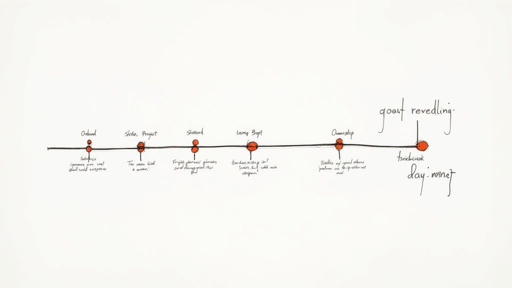 Handwritten timeline diagram with red dots marking events, each with scribbled labels and descriptions.