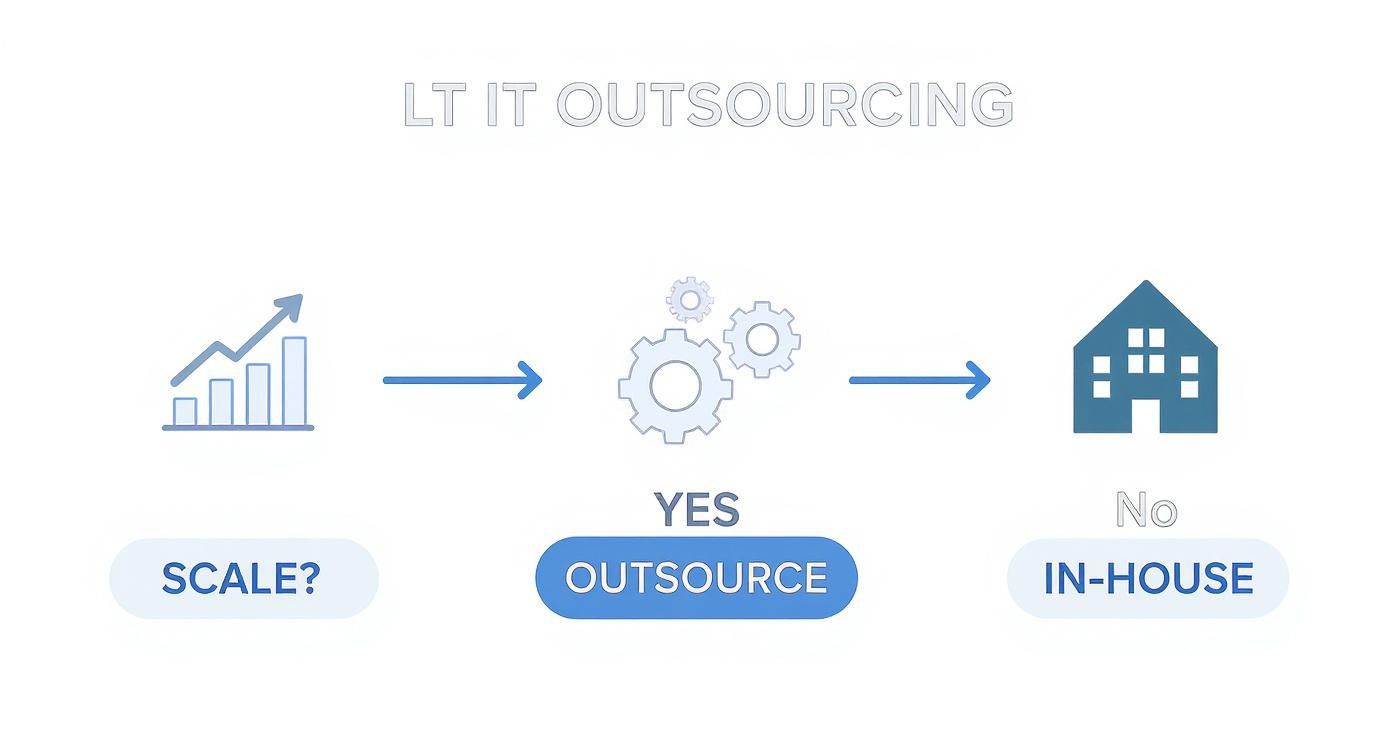 Infographic illustrating IT outsourcing decision: scale services by outsourcing, otherwise manage in-house.