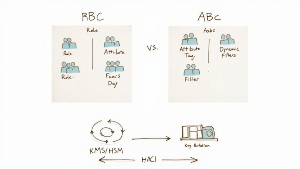 Diagram comparing RBC and ABC access control models with KMS/HSM and key rotation.