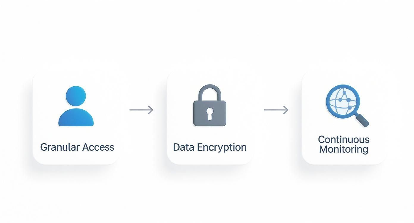 Diagram showing three data security steps: Granular Access, Data Encryption, and Continuous Monitoring.