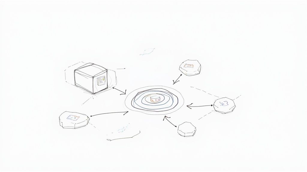 Hand-drawn sketch of a data processing system with a central element and interconnected external nodes.