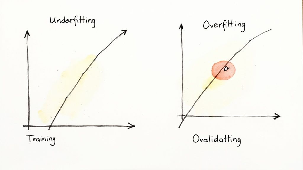 Two hand-drawn graphs illustrate underfitting and overfitting machine learning concepts with data points.