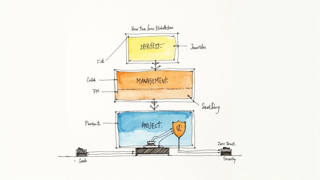A hand-drawn watercolor diagram illustrating project management, security, and 'zero trust' concepts within an organizational hierarchy.