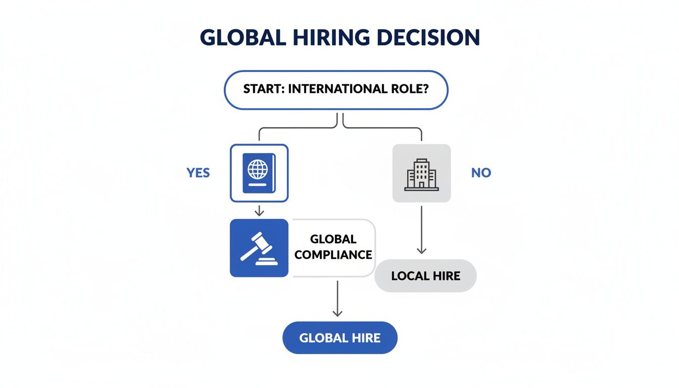Flowchart illustrating global hiring decisions, distinguishing between international and local roles with compliance steps.