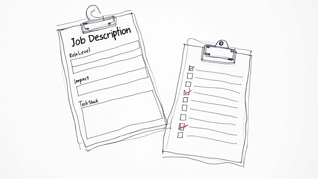 Two hand-drawn clipboards: one for a job description with blank sections, the other a checklist with three red checkmarks.