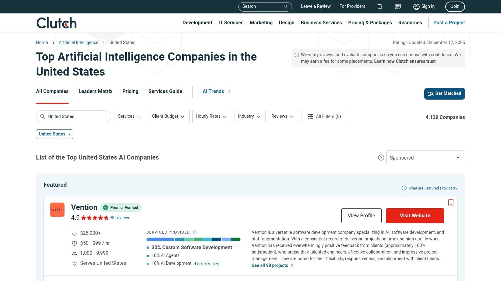 Clutch user interface showing a list of AI development companies with ratings and filters.