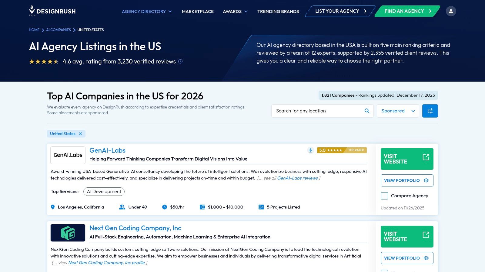 DesignRush user interface showing a list of AI development companies with ratings and filters.