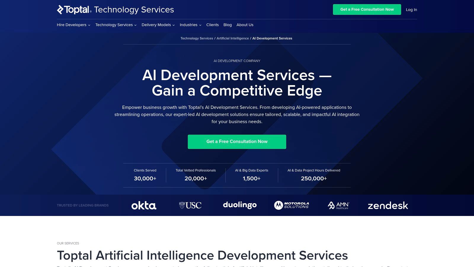 Toptal AI services page highlighting their offerings in machine learning and data science.