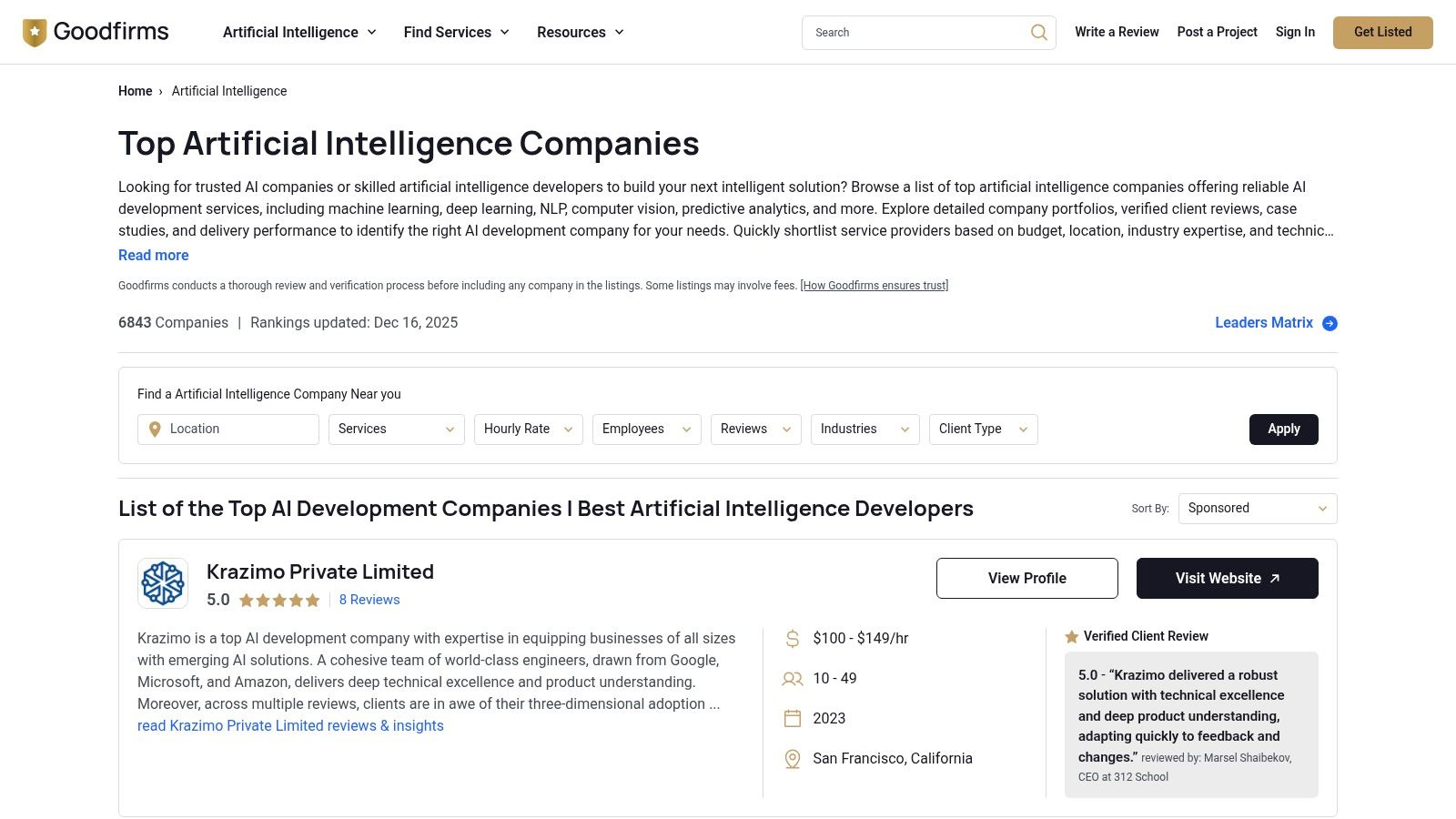 GoodFirms user interface showing an AI development company profile with reviews, portfolio, and service focus.