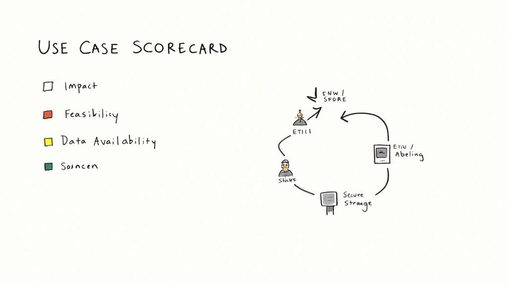 Hand-drawn 'Use Case Scorecard' with a legend and a circular diagram illustrating a process.