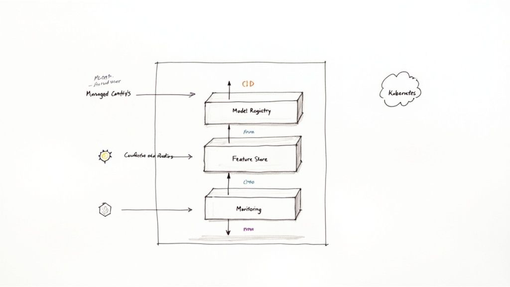 Diagram illustrating an AI system architecture with model registry, feature store, and monitoring components.